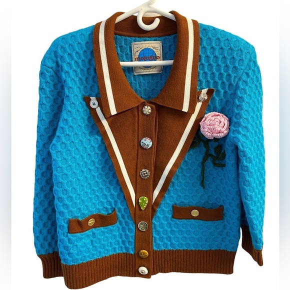 Motoguo Sweaters - Motoguo Mr.Rogers Lake Blue & Brown Button Up Knit Sweater Oversized S/M